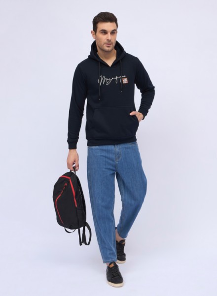 Mens Navy Printed Sweatshirt With hoodie