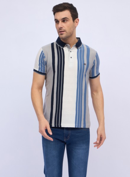 Men Grey Vertical Stripe Polo  T-Shirt