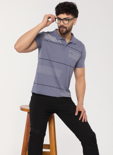 Men Blue Casual strip Printed Tshirt