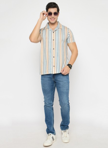 Men Peach Vertical Striped Pure Cotton TShirt