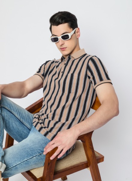 Men Camel Vertical Stripe Polo