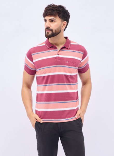 Men Peach Basic Stripe Polo T-Shirt