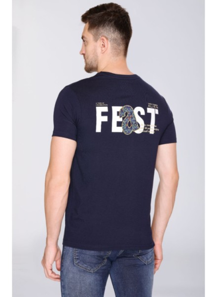 Men Typography Round Neck Cotton Blend Dark Blue T-Shirt
