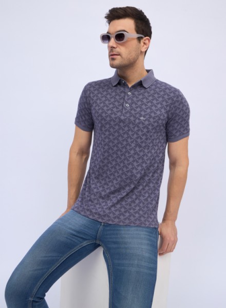 Mens Purple Cotton Printed Polo T-Shirt