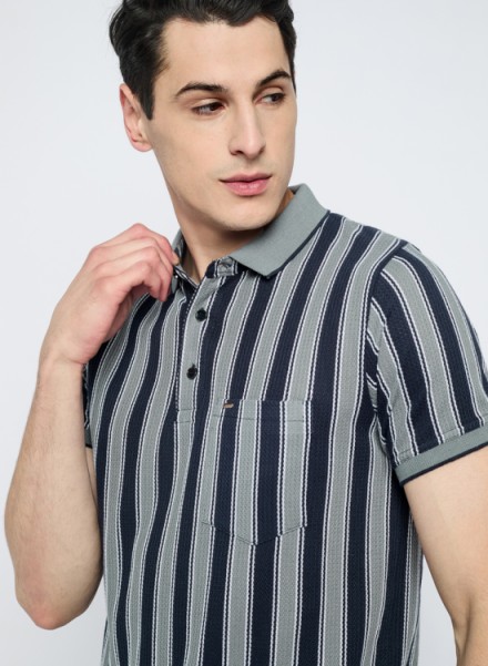 Men Grey Vertical Stripe Polo
