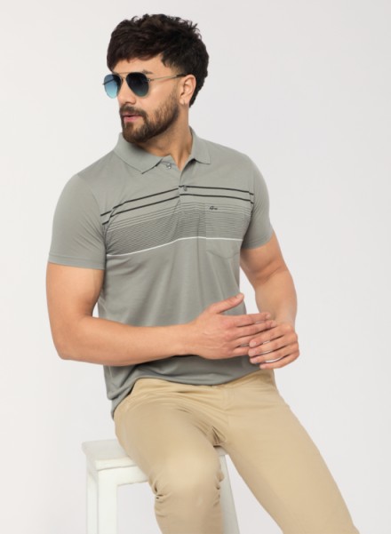 Men Grey Casual strip Printed Tshirt