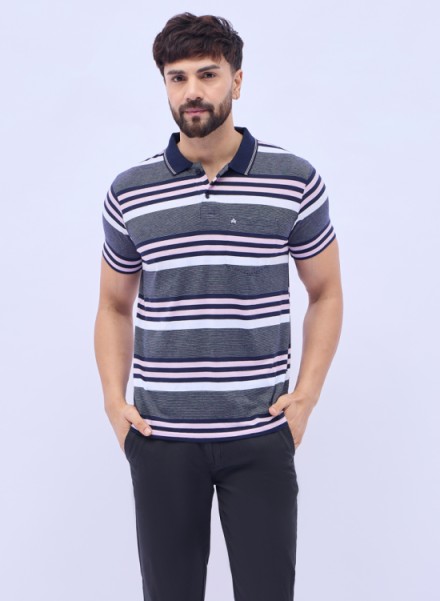 Men Navy Basic Stripe Polo T-Shirt