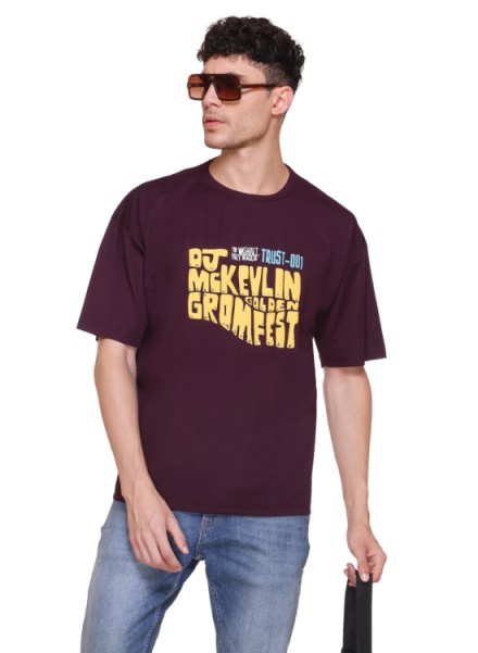 MENS MAROON FORNT BACK PRINTED OVERSIZED TSHIRT