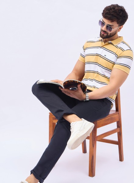 Men Mustard Basic Stripe Polo T-Shirt
