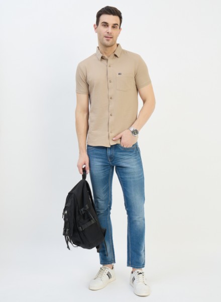 MEN CAMEL BUBBAL KNIT FORNT OPEN TSHIRT