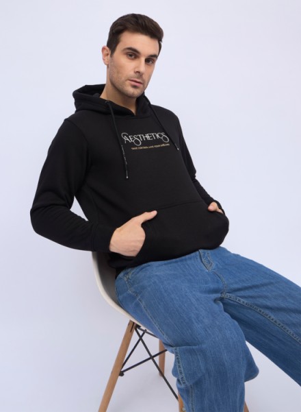Mens Black Printed Sweatshirt With hoodie