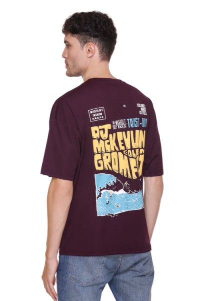 MENS MAROON FORNT BACK PRINTED OVERSIZED TSHIRT