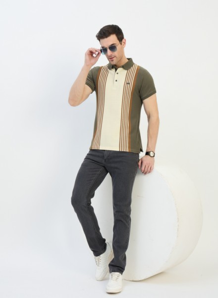 MEN OLIVE VERTICAL STRIP TSHIRT