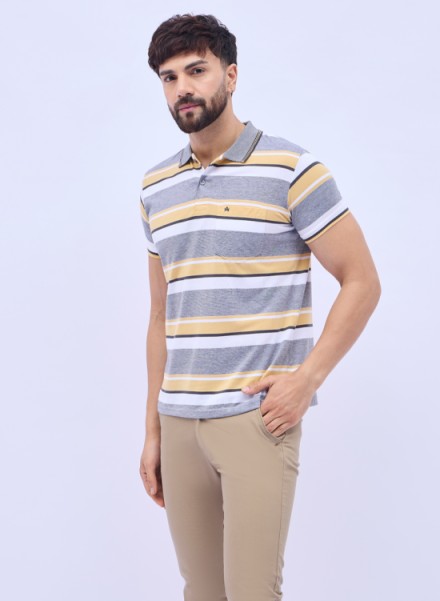 Men Yellow Basic Stripe Polo T-Shirt