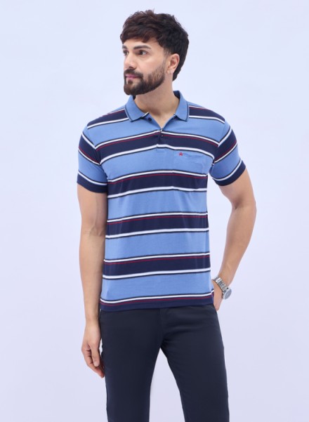 Men Blue Basic Stripe Polo T-Shirt