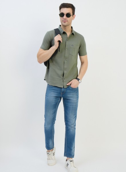 MEN OLIVE BUBBAL KNIT FORNT OPEN TSHIRT