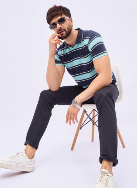 Men Aqua Basic Stripe Polo T-Shirt
