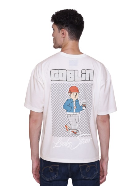 MENS WHITE FORNT BACK PRINTED OVERSIZED TSHIRT