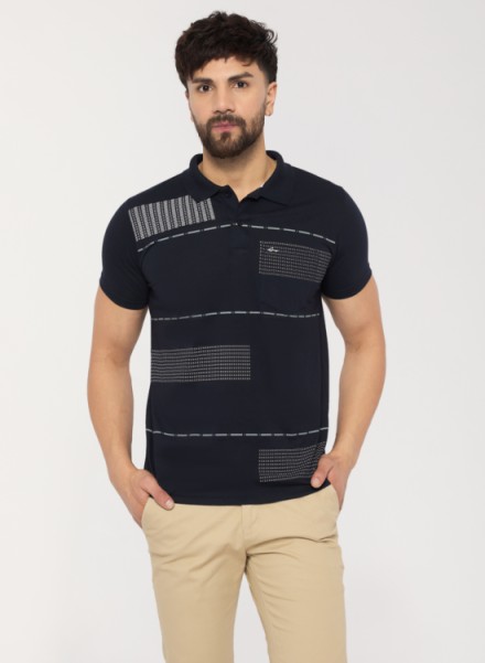 Men Navy Casual strip Printed Tshirt
