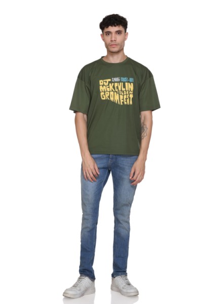 MENS GREEN FORNT BACK PRINTED OVERSIZED TSHIRT