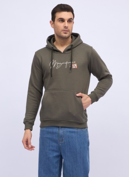 Mens olive Printed Sweatshirt With hoodie