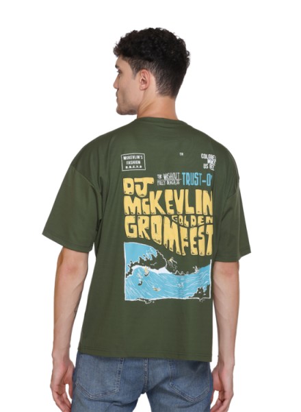 MENS GREEN FORNT BACK PRINTED OVERSIZED TSHIRT
