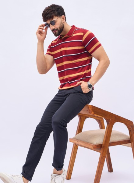 Men Red Striped Polo T-Shirt