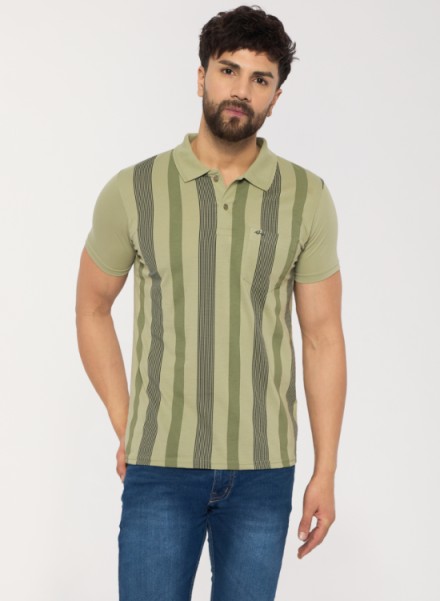 Men Olive Casual strip Printed Tshirt