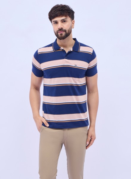 Men Dark Blue Basic Stripe Polo T-Shirt