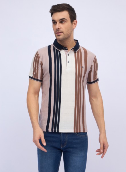 Men Brown Vertical Stripe Polo  T-Shirt