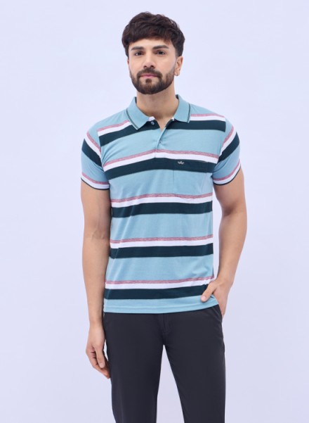 Men Sea Green Basic Stripe Polo T-Shirt