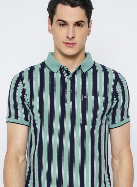 Men Sea Green Vertical Stripe Polo