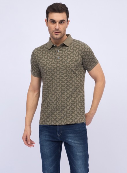 Mens Dark Olive Cotton Printed Polo T-Shirt