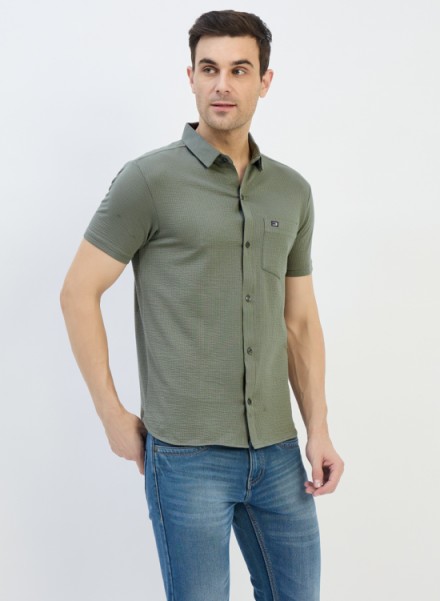 MEN OLIVE BUBBAL KNIT FORNT OPEN TSHIRT